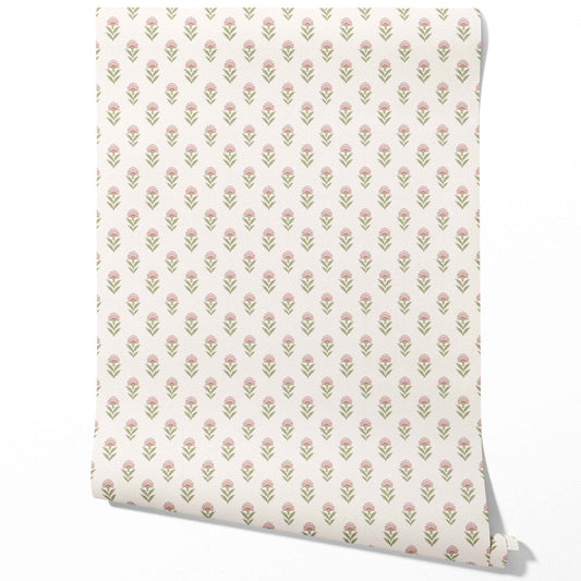 Floral Block Print Traditional Wallpaper (Pink/ Green)