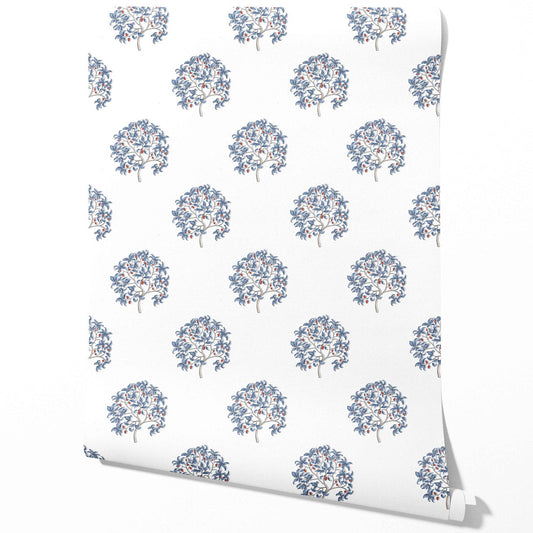 Floral Block Print Traditional Wallpaper (Navy Blue/ Red)