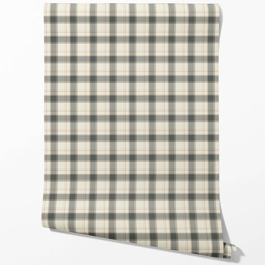 Neutral Geometric Plaid Checkered Traditional Wallpaper (Charcoal Black/ Off-White/ Beige)