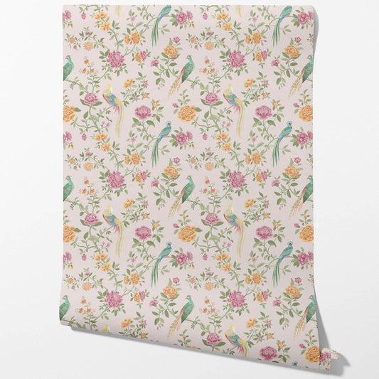 Floral Chinoiserie/ Nature Bird Print Traditional Wallpaper (Blush Pink/ Blue/ Green/ Orange/ Yellow)