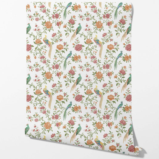 Floral Chinoiserie/ Nature Bird Print Traditional Wallpaper (Orange/ Pink/ Blue/ Green/ Yellow)