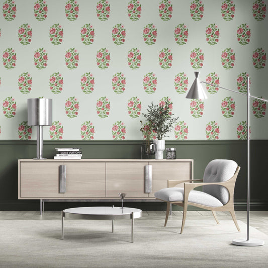 Floral Block Print Traditional Wallpaper (Mint Green/ Pink-Red)