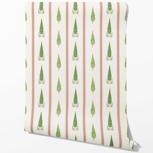 Modern Floral/ Botanical Leaf Print Traditional Wallpaper (Red/ Green/ White)