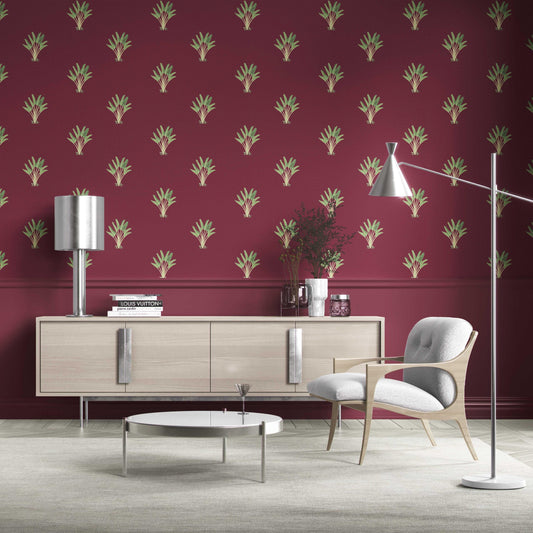 Botanical/ Floral Block Print Traditional Wallpaper (Deep Red/ Green)