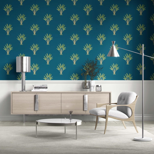 Botanical/ Floral Block Print Traditional Wallpaper (Teal Blue/ Green)