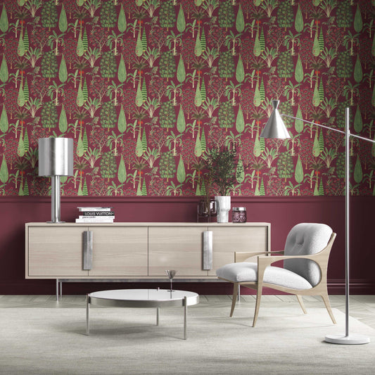 Tropical Floral/ Botanical Traditional Wallpaper (Burgundy Red/ Green/ Pink)