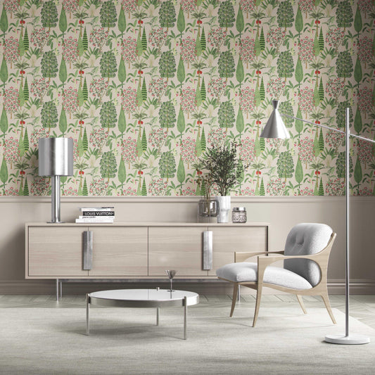 Tropical Floral/ Botanical Traditional Wallpaper (Beige/ Green/ Pink/ Red)