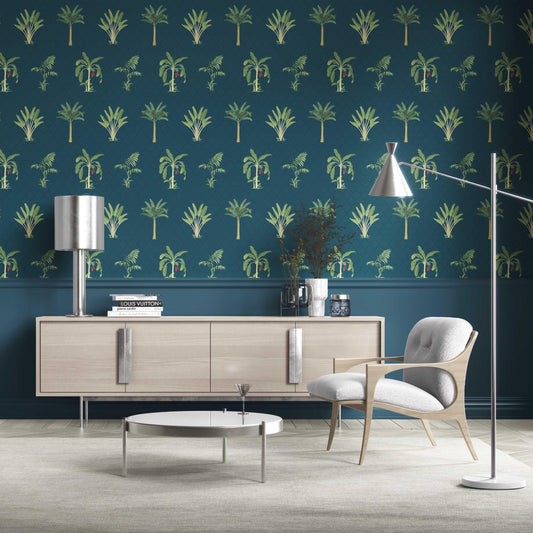 Botanical/ Floral Block Print Traditional Wallpaper (Teal Blue/ Green/ Red)