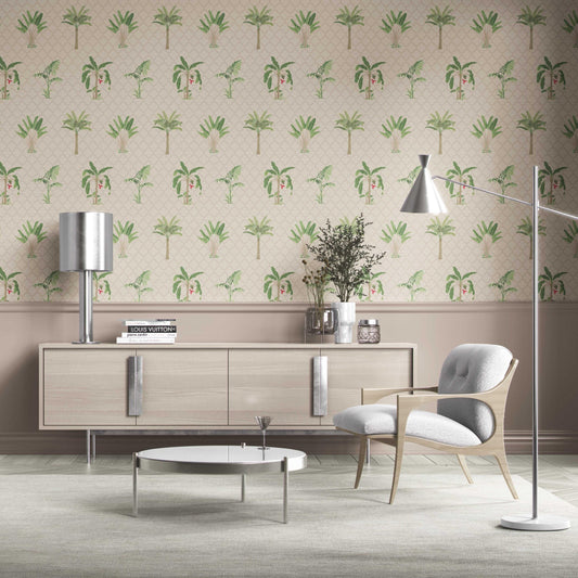 Botanical/ Floral Block Print Traditional Wallpaper (Beige/ Green/ Red/ Soft Taupe)