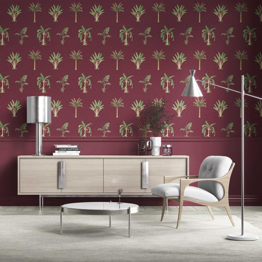 Botanical/ Floral Block Print Traditional Wallpaper (Red/ Maroon/ Green)
