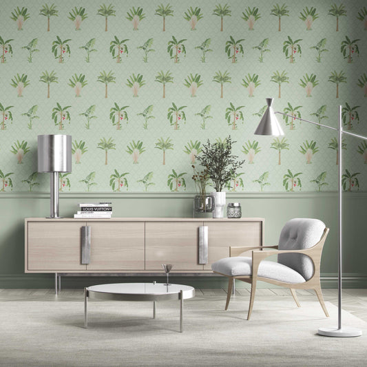 Botanical/ Floral Block Print Traditional Wallpaper (Mint Green/ Red)
