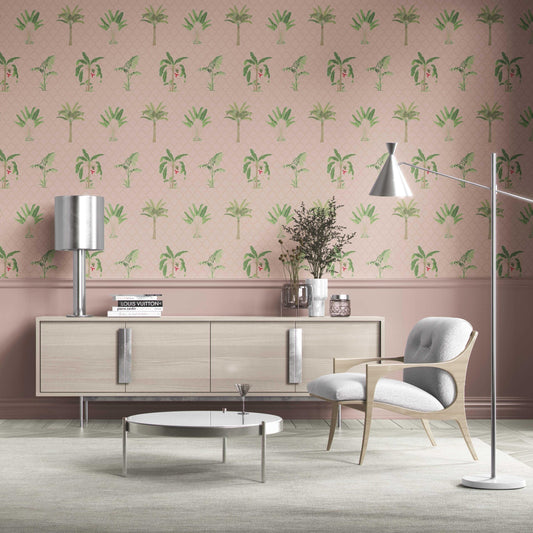Botanical/ Floral Block Print Traditional Wallpaper (Pink/ Green/ Red)