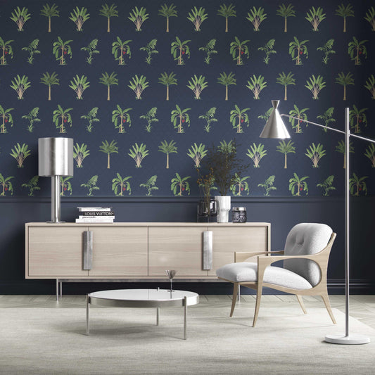 Botanical/ Floral Block Print Traditional Wallpaper (Navy Blue/ Green/ Red)