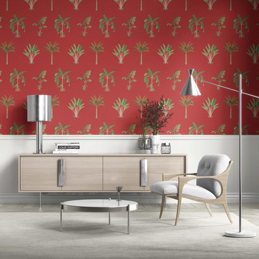 Botanical/ Floral Block Print Traditional Wallpaper (Red-Orange Green)