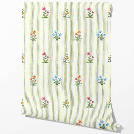 Floral Striped Block Print Traditional Wallpaper (Green/ Pink/ Blue/ Yellow/ Orange)