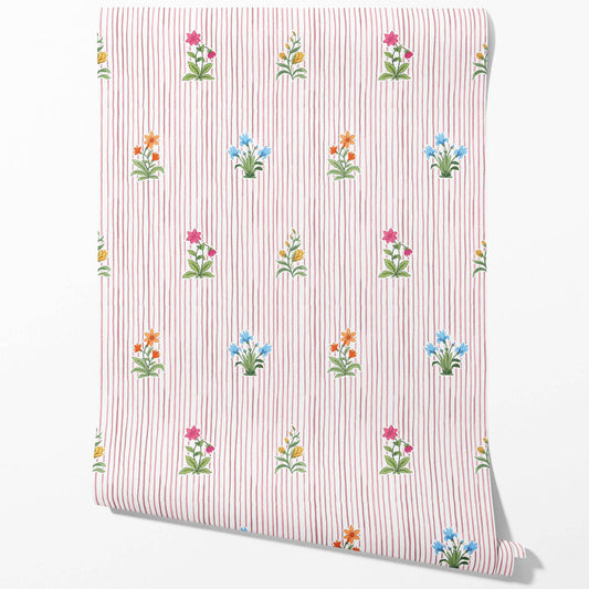 Floral Striped Block Print Traditional Wallpaper (Pink/ Blue/ Green)