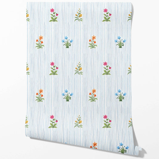 Floral Striped Block Print Traditional Wallpaper (Blue/ Pink/ Green/ Orange )