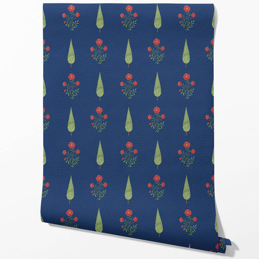 Botanical/ Floral Block Print Traditional Wallpaper (Navy Blue/ Red/ Green)