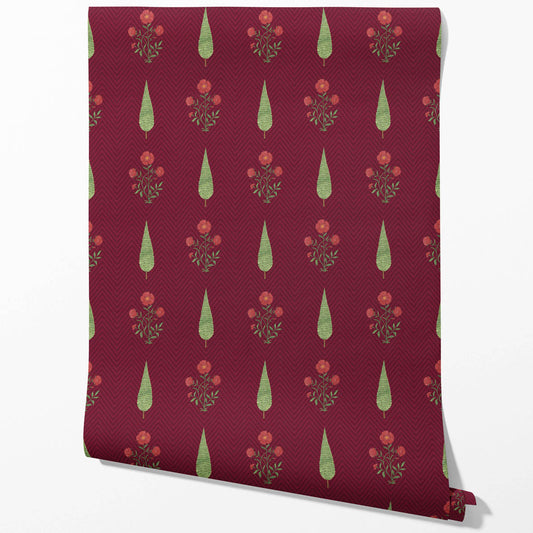 Botanical/ Floral Block Print Traditional Wallpaper (Red/ Maroon/ Green)