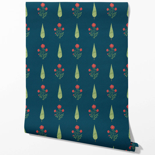 Botanical/ Floral Block Print Traditional Wallpaper (Teal Blue/ Red/ Green)