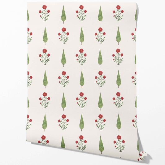 Botanical/ Floral Block Print Traditional Wallpaper (White/ Red/ Green)