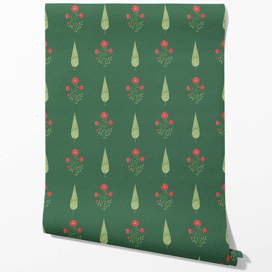 Botanical/ Floral Block Print Traditional Wallpaper (Emerald Green/ Red)