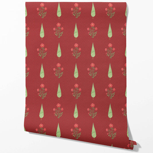 Botanical/ Floral Block Print Traditional Wallpaper (Red/ Pink/ Green)