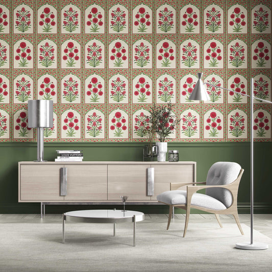 Vintage Ethnic Floral Block Print Traditional Wallpaper (Red/ Pink/ Green)