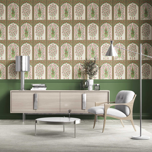 Vintage Ethnic Floral Block Print Traditional Wallpaper (Pink/ Red/ Green)