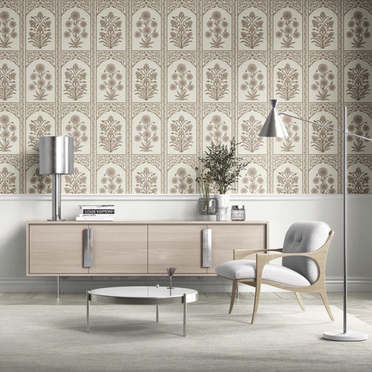 Neutral Vintage Ethnic Floral Block Print Traditional Wallpaper (Beige/ Taupe/ Cream)