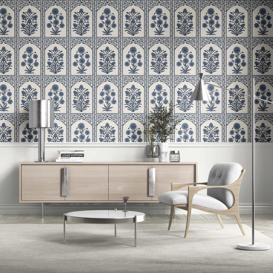 Vintage Ethnic Floral Block Print Traditional Wallpaper (Navy Blue/ Cream)