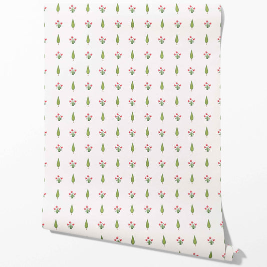 Botanical Floral Block Print Traditional Wallpaper (Pink/ Green)
