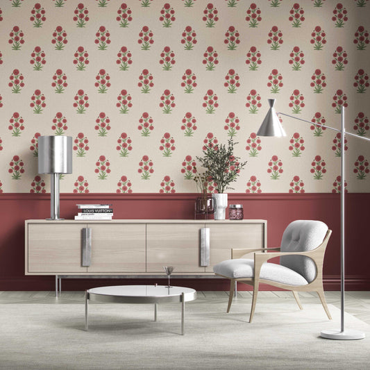Botanical Floral Block Print Traditional Wallpaper (Red/ Beige/ Green)