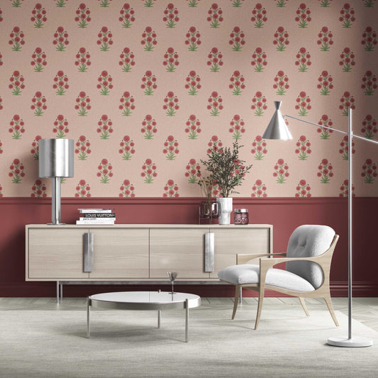 Botanical Floral Block Print Traditional Wallpaper (Pink/ Red/ Green)