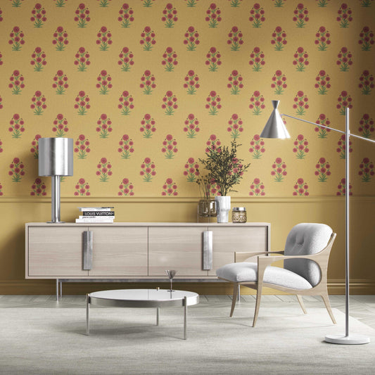 Botanical Floral Block Print Traditional Wallpaper (Yellow/ Red-Pink/ Green)