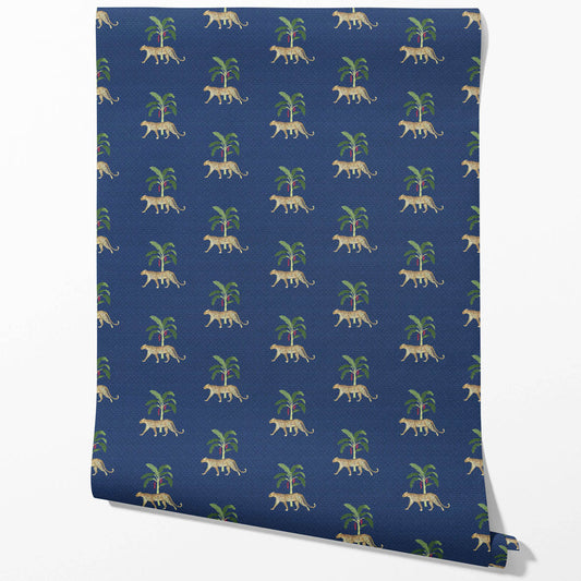 Leopard Animal Print Traditional Wallpaper (Navy Blue/ Green/ Red/ Tan)