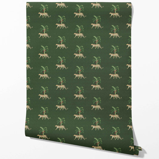Leopard Animal Print Traditional Wallpaper (Green/ Red/ Tan)