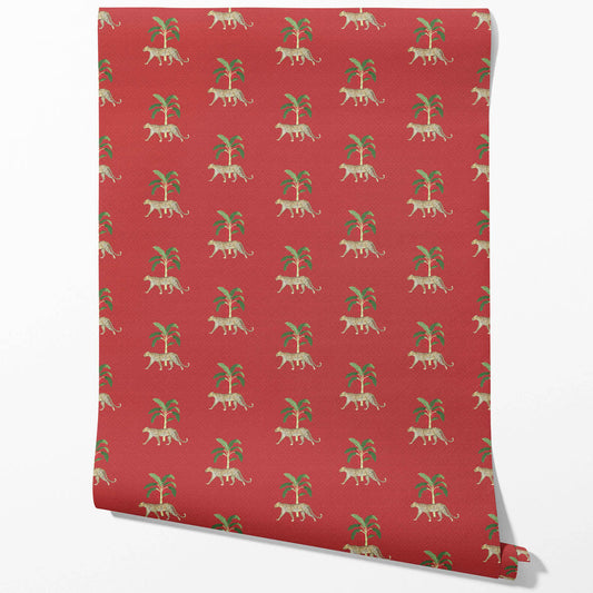 Leopard Animal Print Traditional Wallpaper (Red/ Green/ Tan)