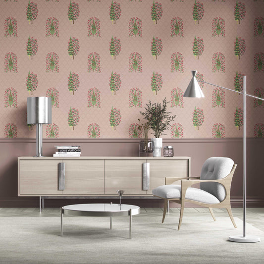 Botanical/ Floral Print Traditional Wallpaper (Blush Pink/ Green)