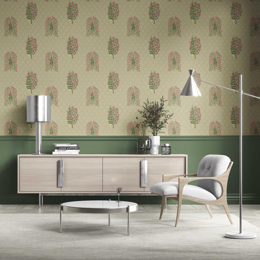 Botanical/ Floral Print Traditional Wallpaper (Olive Green/ Pink)