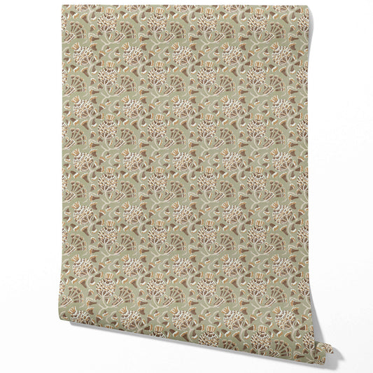 Modern Floral/ Botanical Traditional Wallpaper (Olive Green/ Brown/ Gold/ Beige)