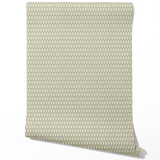 Small Paisley Floral Patterned Print Traditional Wallpaper (Olive Green/ White)