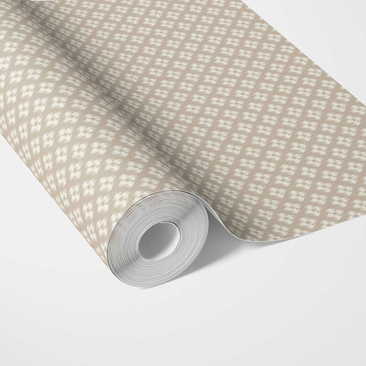 Neutral Small Geometric Ikat-Style Floral Block Print Traditional Wallpaper (Beige/ Brown/ Cream)
