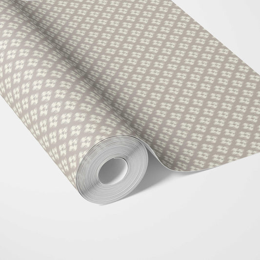 Neutral Small Geometric Ikat-Style Floral Block Print Traditional Wallpaper (Gray/ White)
