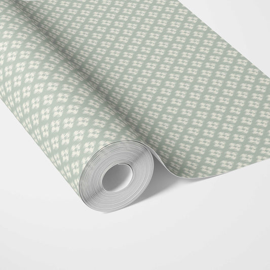 Small Geometric Ikat-Style Floral Block Print Traditional Wallpaper (Duck Egg Blue/ White)