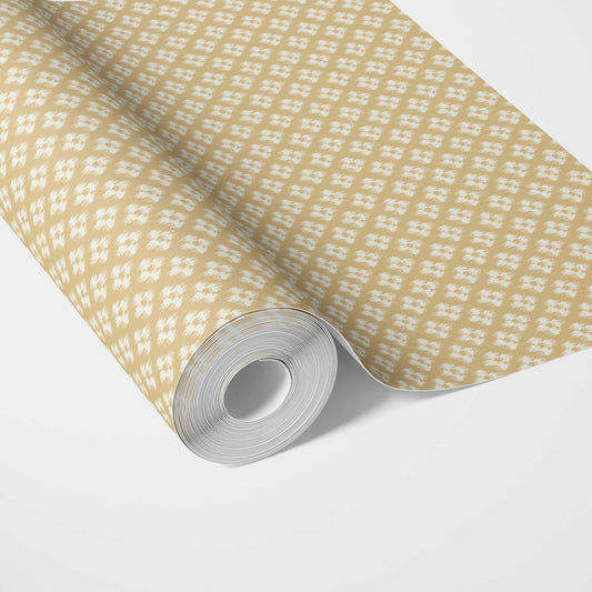 Small Geometric Ikat-Style Floral Block Print Traditional Wallpaper (Yellow/ White)