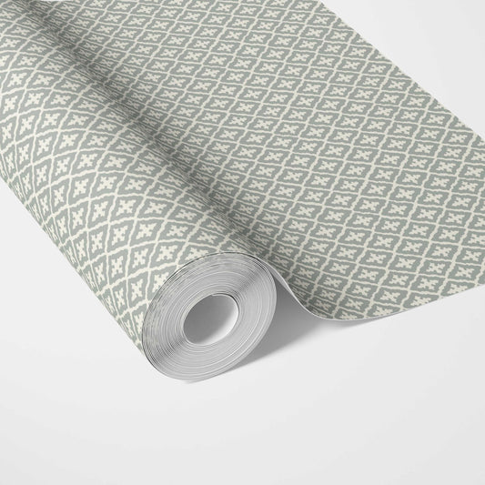 Geometric Diamond Lattice Traditional Wallpaper (Green-Gray/ White)