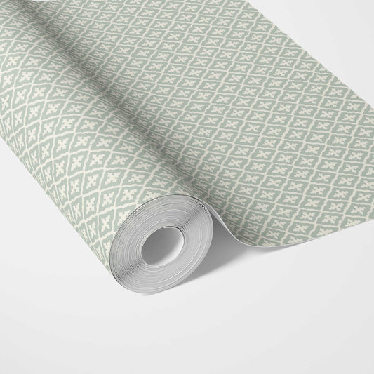Geometric Diamond Lattice Traditional Wallpaper (Green/ White)