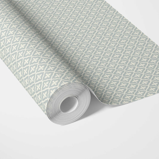 Geometric Diamond Lattice Traditional Wallpaper (Blue-Gray/ White)