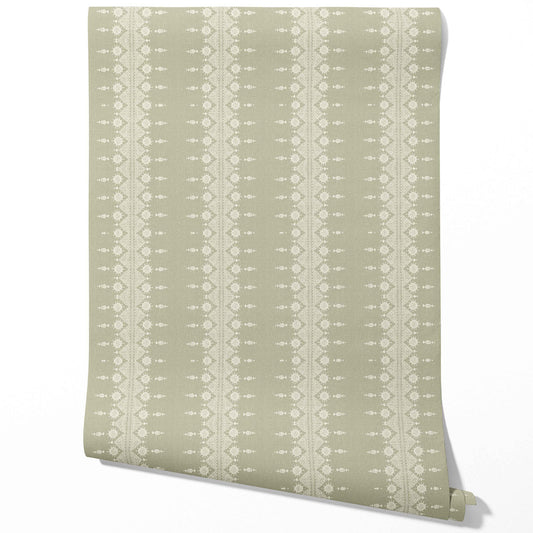 Floral Striped Traditional Wallpaper (Green/ Off-White)